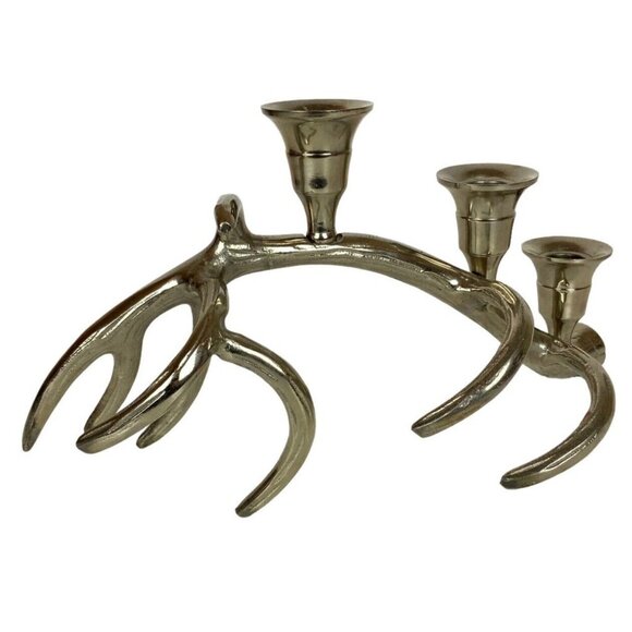 Antler Candleholder Silver Chrome Metal 3-Taper Farmhouse Glam Centerpiece - Picture 1 of 5